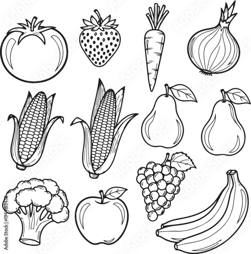 Black and white line collection of fresh fruits and vegetables tomato strawberry carrot onion corn