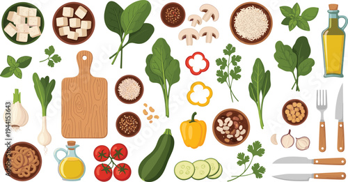 Healthy Cooking Ingredients and Kitchen Tools Illustration Set with Vegetables Herbs Rice Mushrooms Olive Oil Cutting Board and Food Preparation Vector Collection