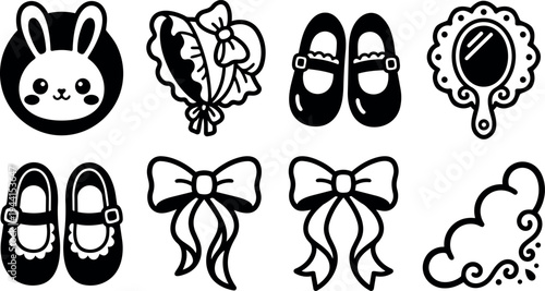 Cute black and white vector bunny face bonnet shoes mirror bows and cloud icons collection in simple line art style