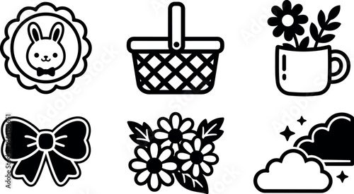 Minimalist vector icons black and white bunny badge picnic basket flower pot bow bouquet and cloud set