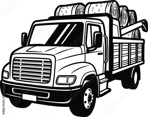 Black and White Illustration of a Farm Truck Transporting Hay Bales.