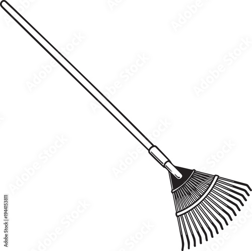 Black and white line of a garden rake with a long handle and fan-shaped head garden tool gardening yard work
