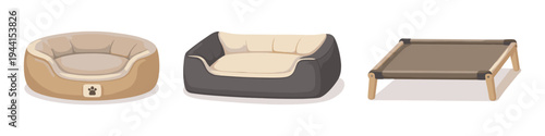 Three different types of comfortable pet beds for dogs and cats, isolated on white