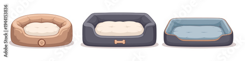 Three different styles of comfortable pet beds for dogs and cats on a white background