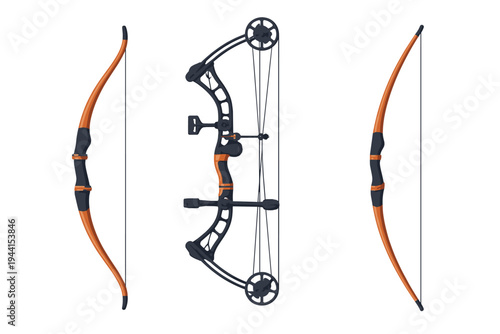 Traditional recurve and modern compound bows displayed side by side on white background