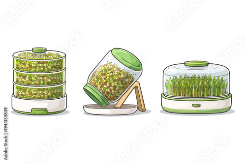 Three different types of sprouters for growing healthy sprouts and microgreens at home