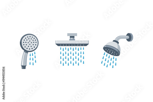 Collection of three different shower heads with water spraying downwards