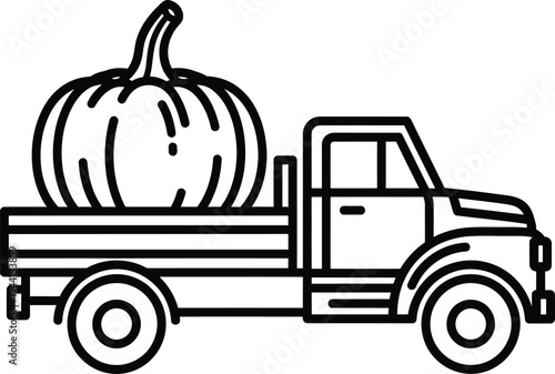 Black and White Line Art Pickup Truck Carrying a Large Pumpkin.