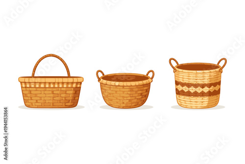 Collection of three woven wicker baskets with handles and decorative patterns