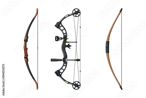 Three different types of bows displayed side-by-side on a white background