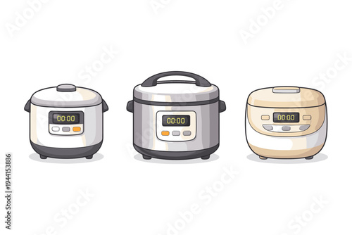 Three different styles of modern electric pressure cookers displayed side by side