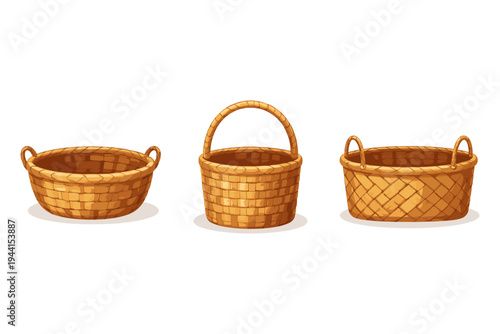 Three woven wicker baskets of various shapes and sizes on a white background