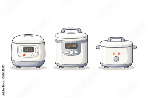 Three cartoon rice cookers with digital displays and indicator lights on a white background