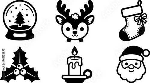 Black and white flat design christmas icons including snow globe tree reindeer head christmas stocking holly candle and santa face