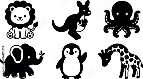 Cute black and white vector animal icons including lion kangaroo elephant penguin giraffe and octopus with simple cartoon style