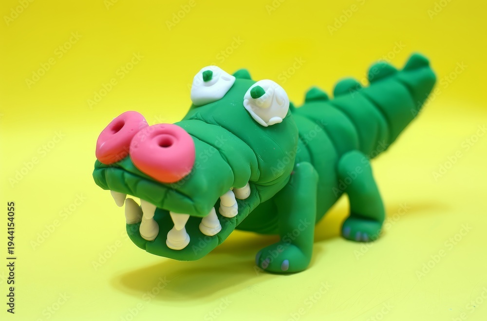 Fototapeta premium Cute plasticine crocodile clay animal character green body pink nose isolated on solid background minimalist design