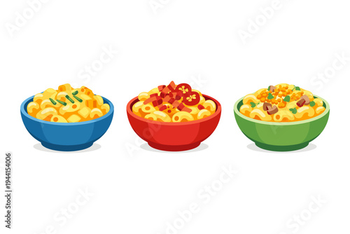 Three bowls of macaroni and cheese with different toppings, illustrated in a flat design style