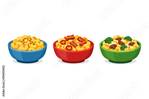 Three bowls of macaroni and cheese with different toppings, illustrated in a cartoon style