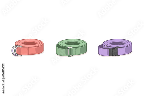 Three yoga straps in different colors and buckle types for fitness and stretching