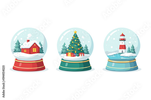 Three festive snow globes featuring a house, Christmas tree, and lighthouse scenes