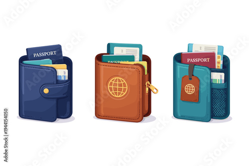 Collection of travel wallets and passport holders with travel documents and cards