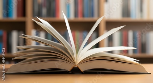 A beautifully fanned open book on a polished wooden table, symbolizing the deep journey into knowledge, education, and the endless pursuit of wisdom