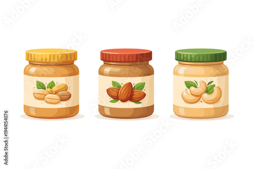 Three jars of nut butter: peanut, almond, and cashew, with illustrations on labels