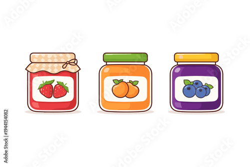 Three jars of fruit jam: strawberry, apricot, and blueberry, presented in a clean illustration