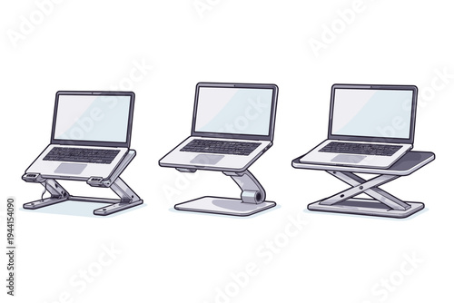 Three different laptop stands with laptops on a white background