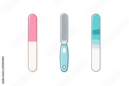 Set of three nail files and foot care tools in different colors and textures