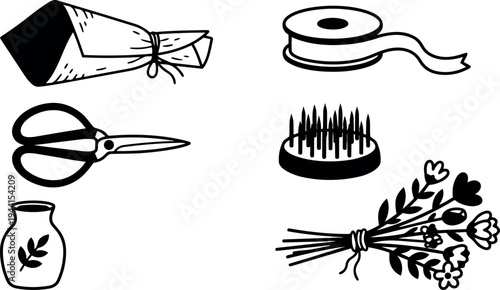 Minimalist black and white flat design floral arranging tools including scissors ribbon vase flower bouquet wire cutter and flower frog