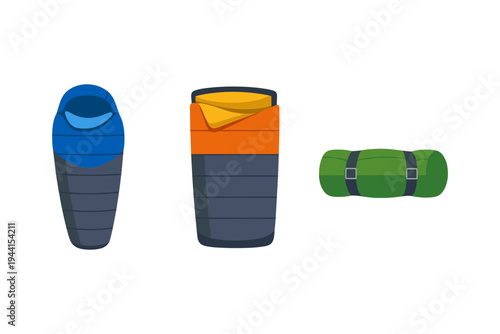 Three different types of sleeping bags and a rolled sleeping mat for outdoor adventures