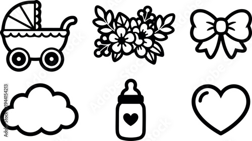 Black line art baby icons including stroller bottle heart bow flower cloud vector set with simple bold outlines