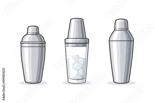 Three silver cocktail shakers, one filled with ice cubes, on a white background
