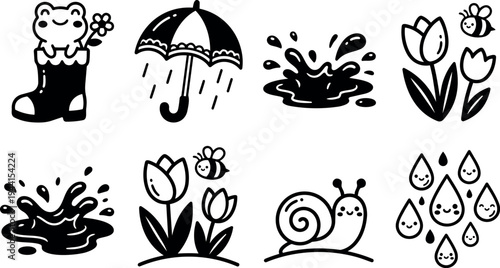 Cute black and white vector icons featuring smiling frog in rain boot flower umbrella with raindrops puddles tulips bees happy snail and playful raindrop faces