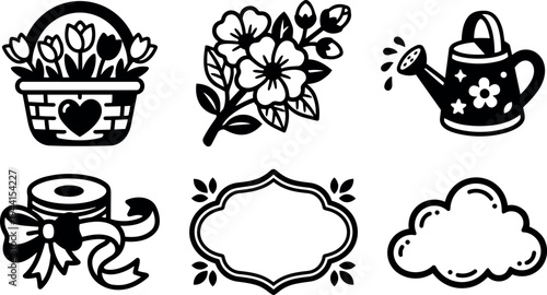 Flat design floral basket with heart watering can ribbon roll blank label and cloud vector icons set
