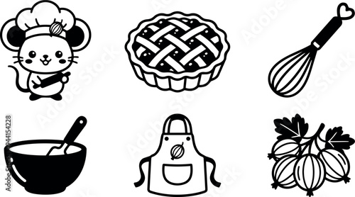 Cute mouse chef holding rolling pin with knitted pie whisk bowl and apron cooking vector art
