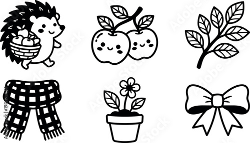 Cute vector icons set with smiling hedgehog carrying basket apples happy fruits branch leaves checked scarf potted flower and decorative bow