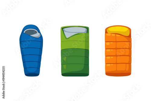 Three colorful sleeping bags arranged side by side, ready for adventure