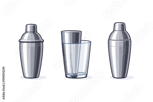 Three silver cocktail shakers and a glass on a white background