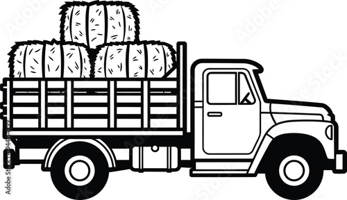 Black and White Vintage Truck Transporting Three Hay Bales Farm Theme.
