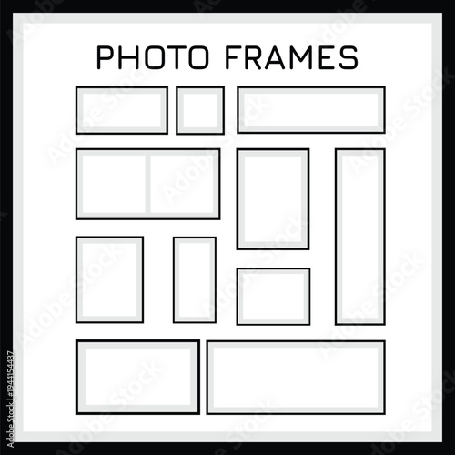 Minimal Photo Frame Set, Rectangle Picture Frame Bundle, Multi Size Portrait Landscape Square Gallery Wall Frame Clipart Vector Illustration