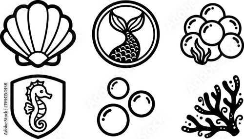 Black and white line art sea shell fish tail seaweed bubbles and seahorse icon set collection