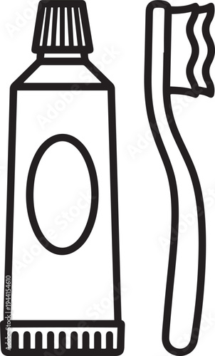 Black and white of a toothpaste tube and a toothbrush dental hygiene oral care cleaning