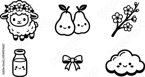 Cute kawaii style lamb with flower crown pears with smiling faces cherry blossom branch milk bottle bow and happy cloud icons