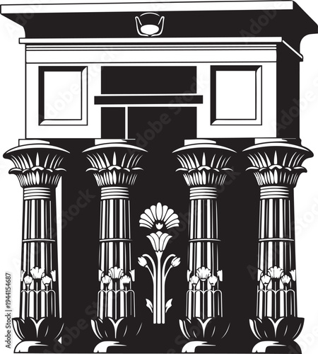Black and white of ancient Egyptian papyrus columns supporting a temple facade with a lotus flower