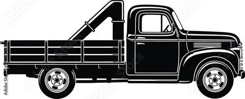 Classic Black Pickup Truck Silhouette with Wooden Bed and Crane Side View.