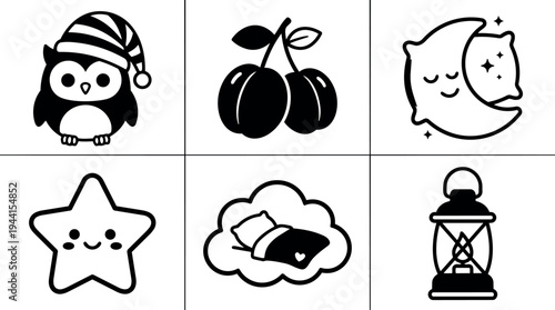 Minimalist black and white vector icons set sleeping owl with hat smiling star crescent moon pillow dream lantern simple design