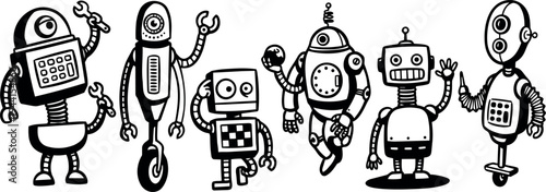 Black and white hand drawn retro style robots standing and waving with different shapes and details in sketchy line art style