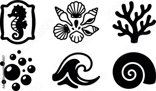 Black silhouette sea creatures shell coral seahorse vector art icons ocean wave bubbles design set isolated